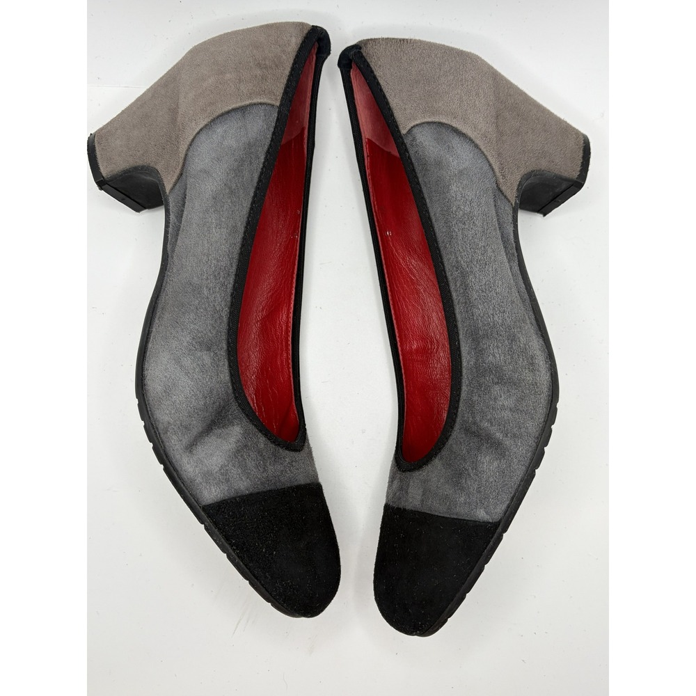Sesto Meucci Pumps 9 M Gray Black Suede Cap Toe Block Heel Made Italy Vintage